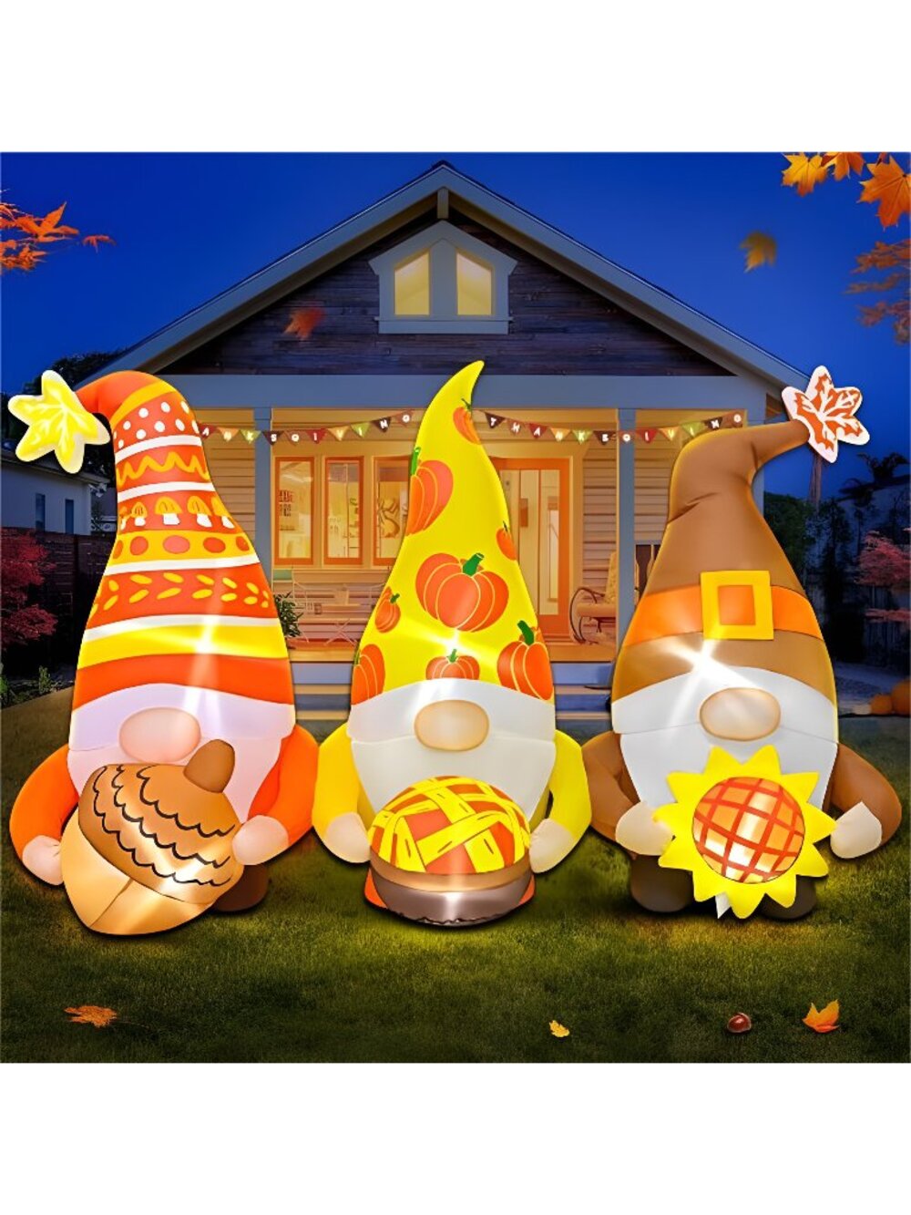 6FT Thanksgiving Inflatables Decorations Three Gnomes Blow Up with LED